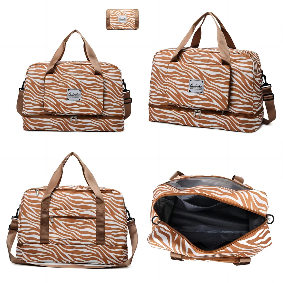 Zebra-Stripe Weekender Duffel with Shoe Compartment Beige color SKU reference