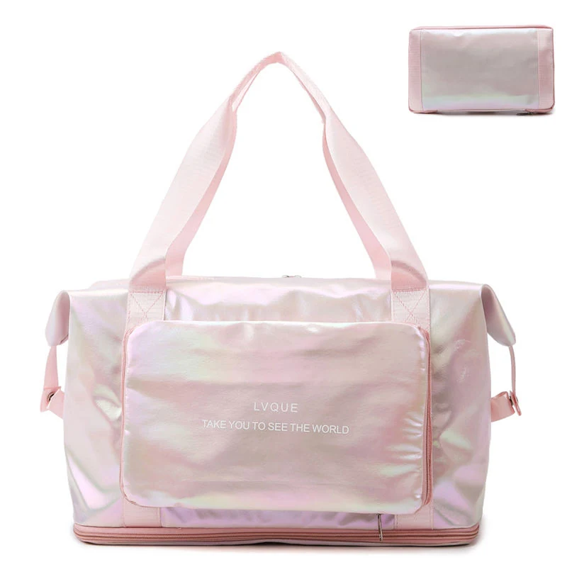 Foldable Nylon Travel Duffel with Laser Finish & Side Pocket Pink color SKU reference