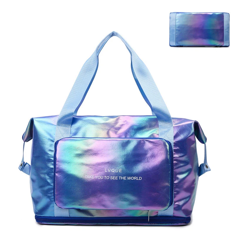 Foldable Nylon Travel Duffel with Laser Finish & Side Pocket Sky Blue color SKU reference