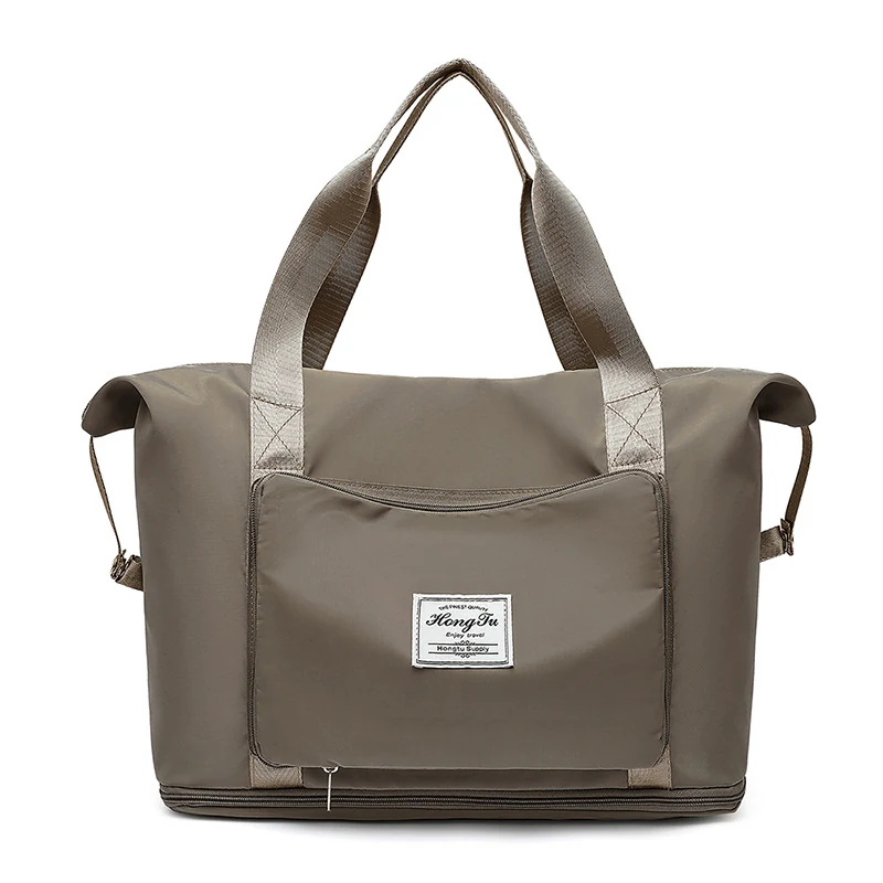 Foldable Expandable Tote Satchel with Wet-Dry Storage Dark khaki color SKU reference