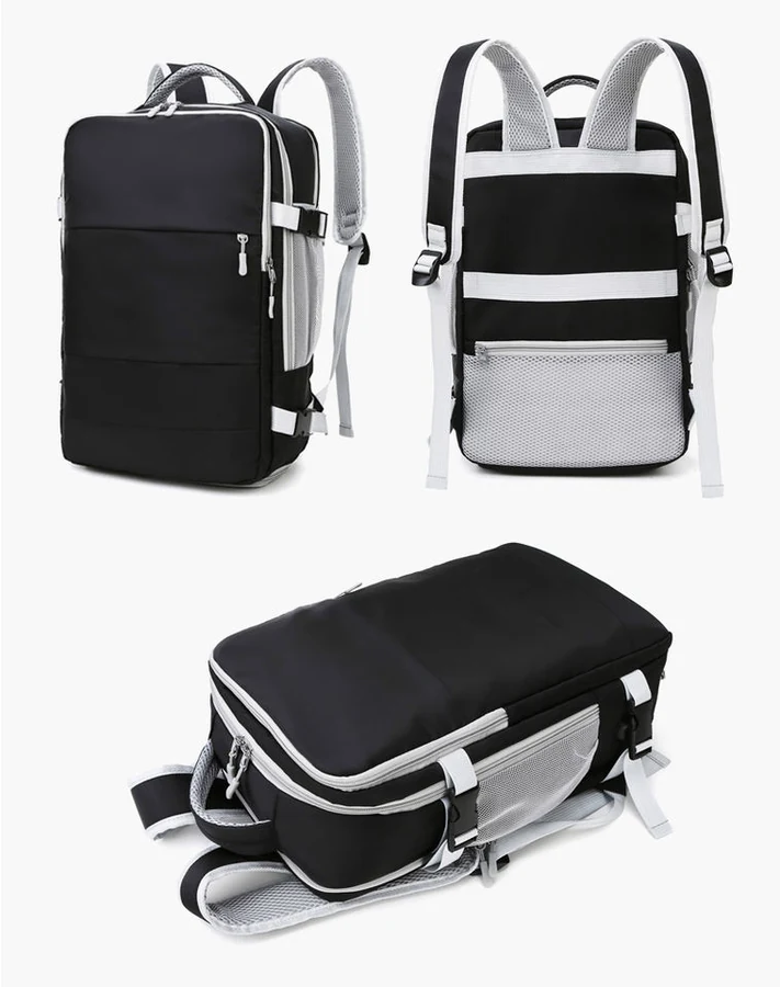 Nylon Travel Backpack with USB Port and Shoe Compartment Black color SKU reference