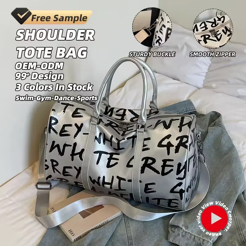 Letter-Print PU Travel Duffel with Adjustable Shoulder Strap product reference image