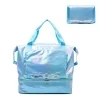 Holographic Foldable Gym Tote with Bottom Shoe Compartment Blue color SKU reference