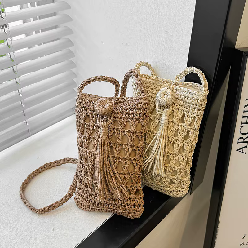 Woven Straw Mini Crossbody Bag with Fringe Tassel product reference image