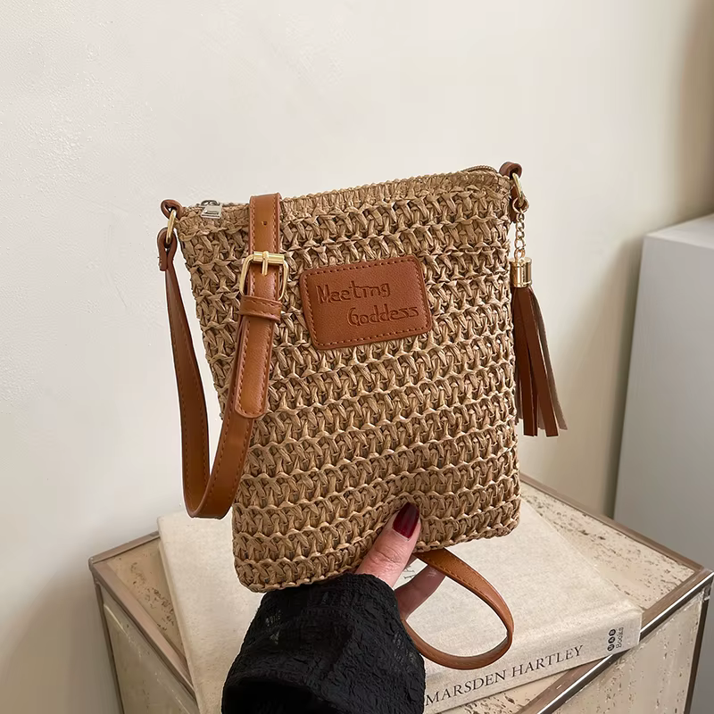 Two-Color Woven Straw Crossbody Bag with Tassel Khaki color SKU reference