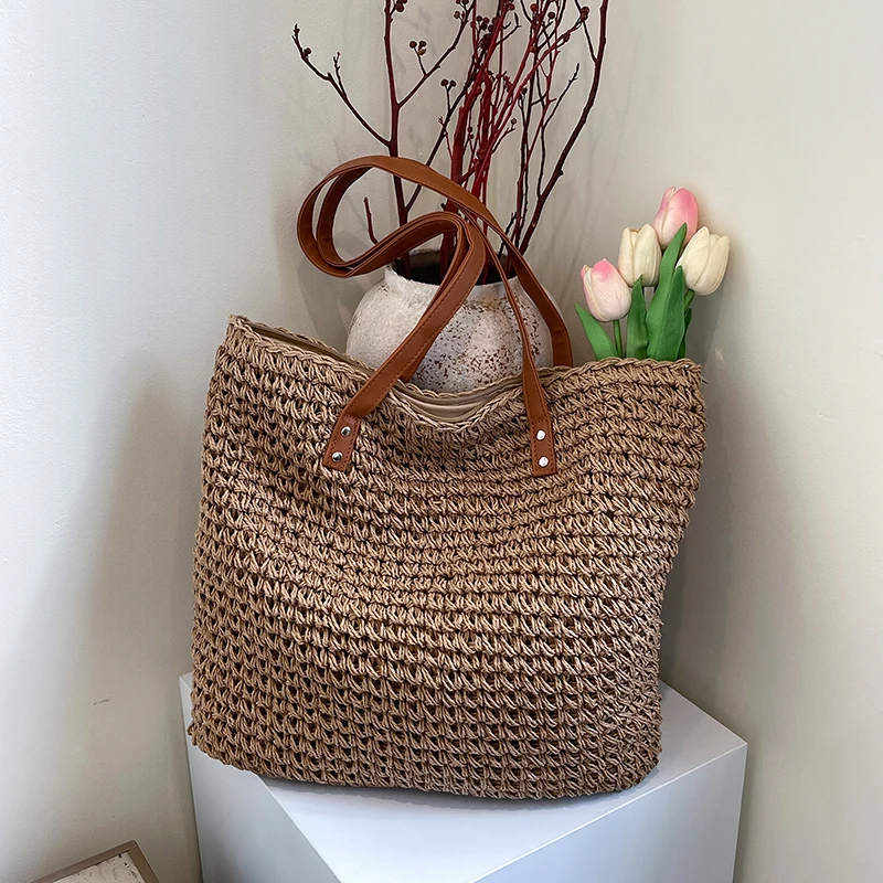 Handwoven Straw Beach Tote with Zip Closure & Two PU Straps product reference image