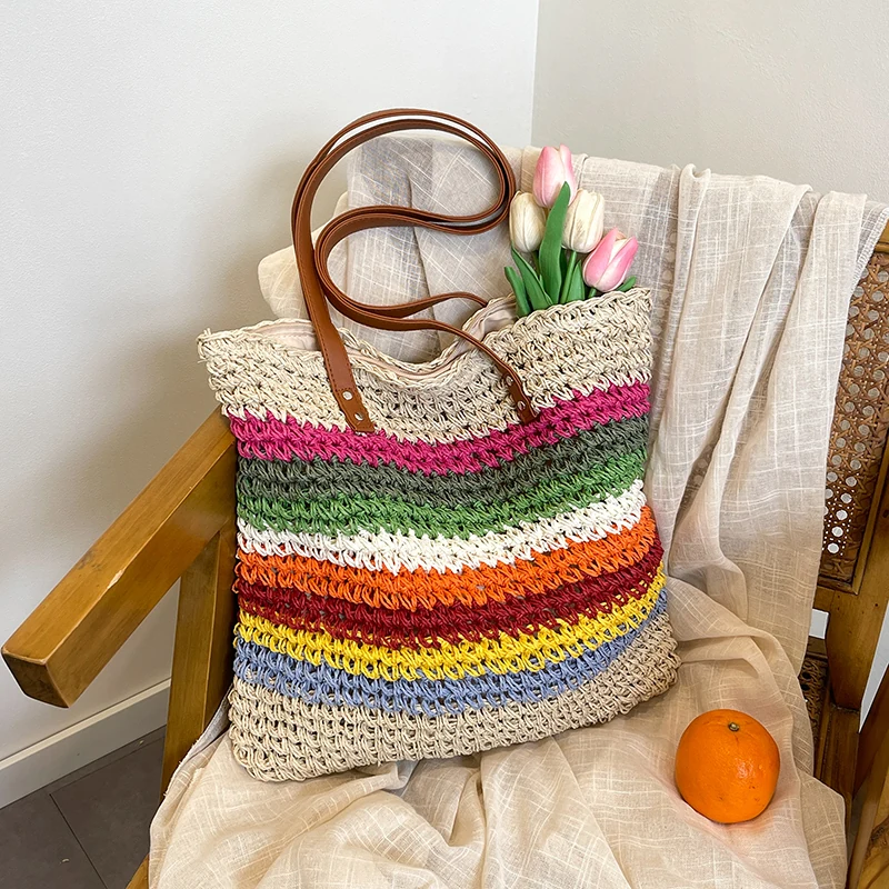 Handwoven Straw Beach Tote with Zip Closure & Two PU Straps Colorful color SKU reference