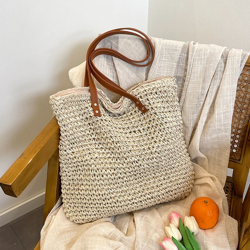 Handwoven Straw Beach Tote with Zip Closure & Two PU Straps Beige color SKU reference