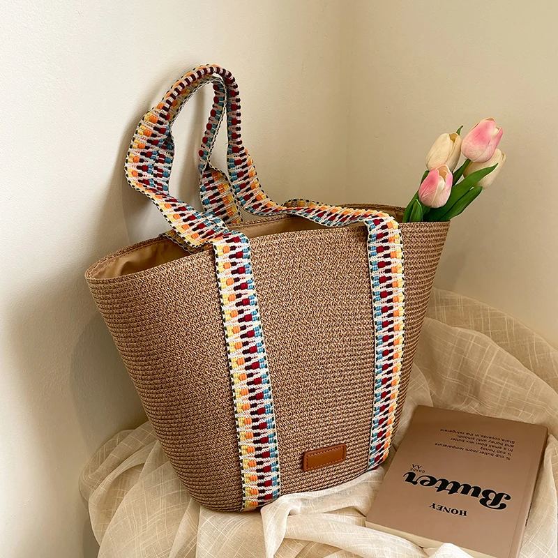 Hand-Embroidered Straw Beach Tote in Five Colors Khaki color SKU reference