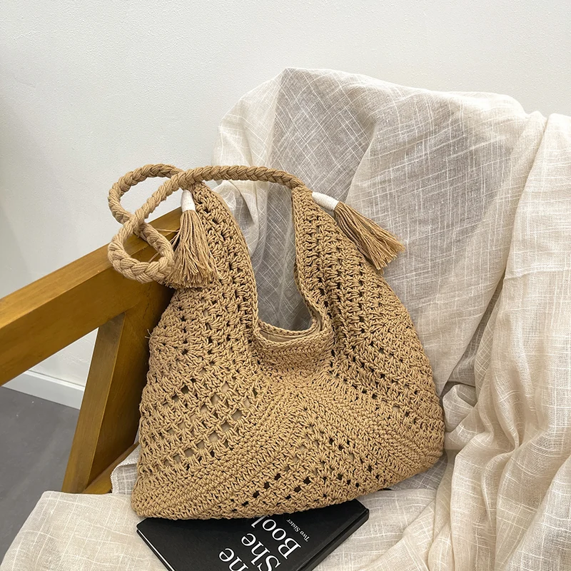 Handwoven Natural Straw Tote with Tassel Trim Brown color SKU reference