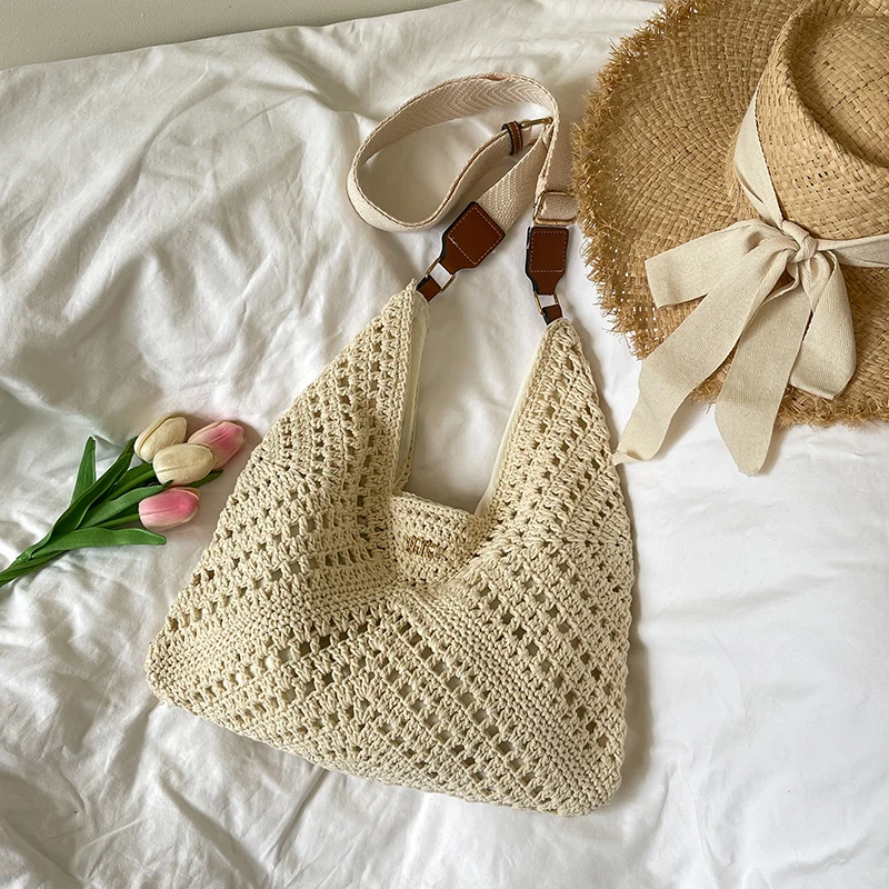Woven Crossbody Bag with Wide Adjustable Strap Beige color SKU reference