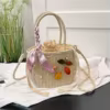Drawstring Straw Bucket Bag with Detachable Pearl Chain Beige / style 1 color SKU reference