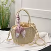 Drawstring Straw Bucket Bag with Detachable Pearl Chain Beige / style 3 color SKU reference