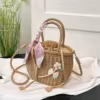 Drawstring Straw Bucket Bag with Detachable Pearl Chain Khaki / style 2 color SKU reference