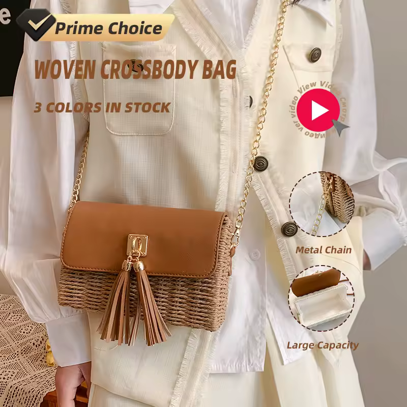 Square Woven Straw Crossbody with Chain Detail & Tassel product reference image
