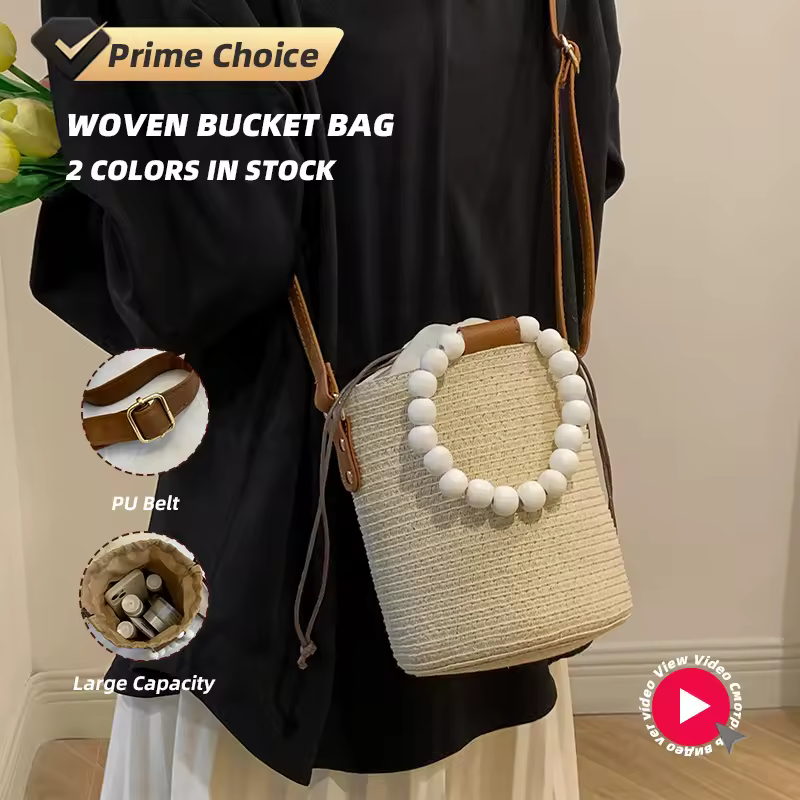 Beaded Straw Bucket Crossbody with Drawstring Closure product reference image