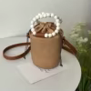 Beaded Straw Bucket Crossbody with Drawstring Closure Brown color SKU reference