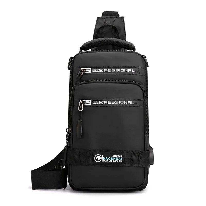 Polyester Multi-Pocket Sling Backpack with USB Charging Port Black color SKU reference