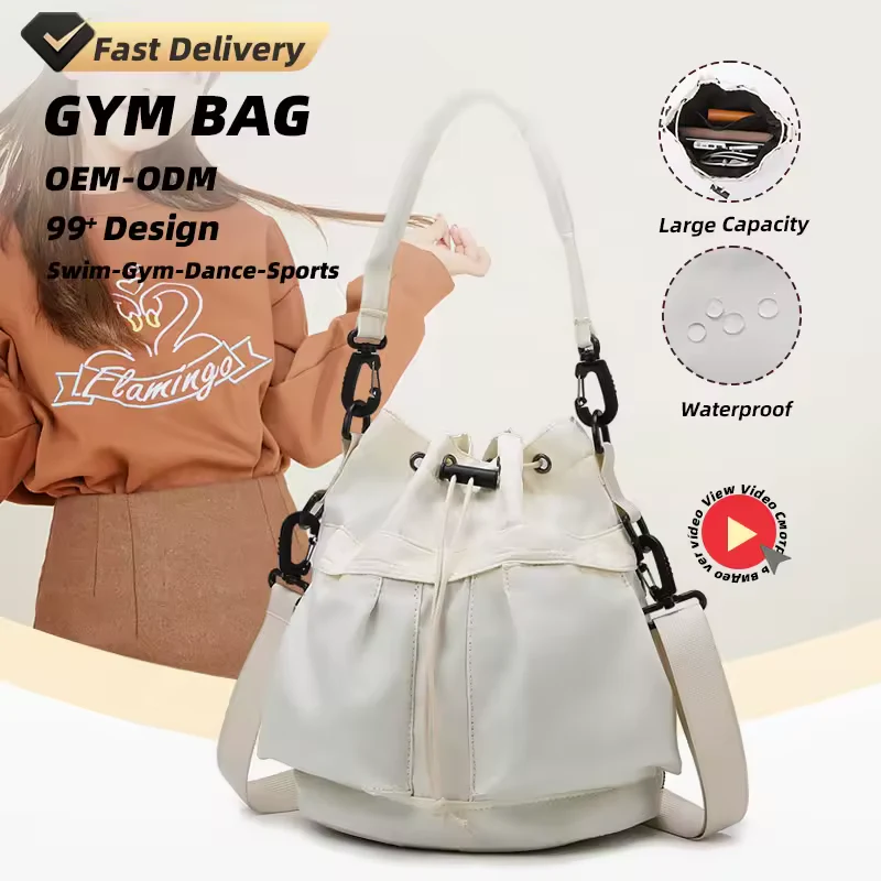 Multi-Pocket Nylon Bucket Shoulder Bag with Detachable Strap product reference image