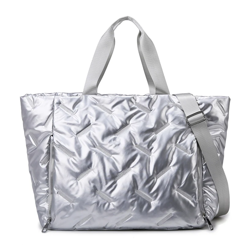 Holographic Quilted Gym Duffel with Yoga Mat Pocket Silver color SKU reference