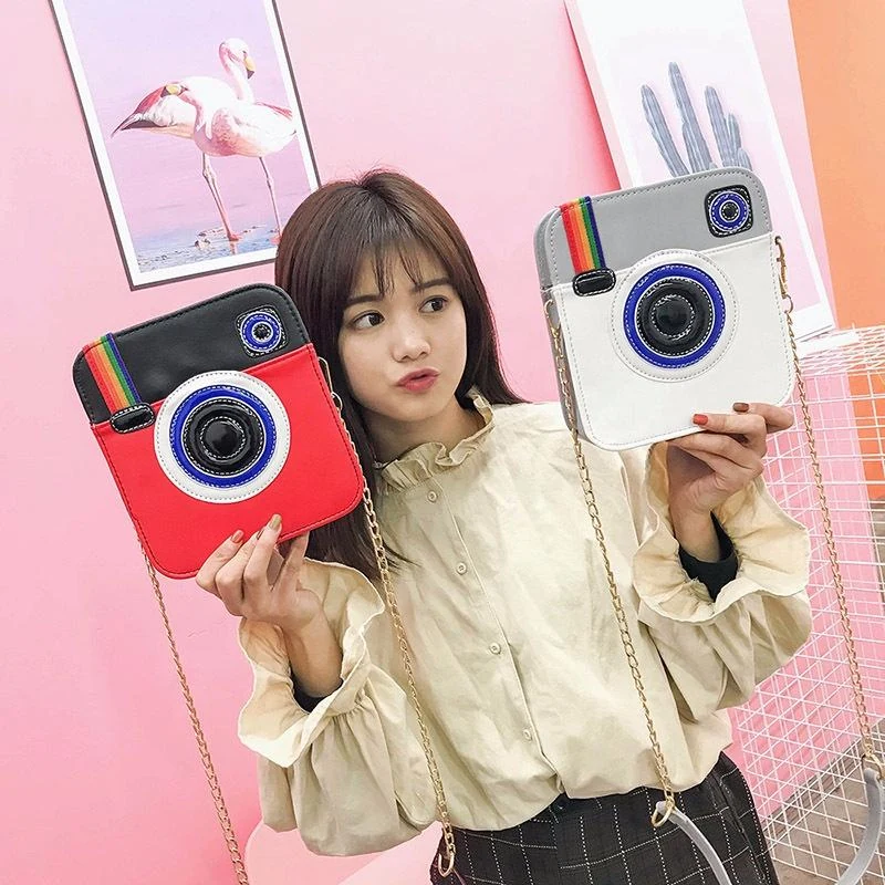 Camera-Shaped PU Mini Crossbody Bag with Rainbow Details product reference image