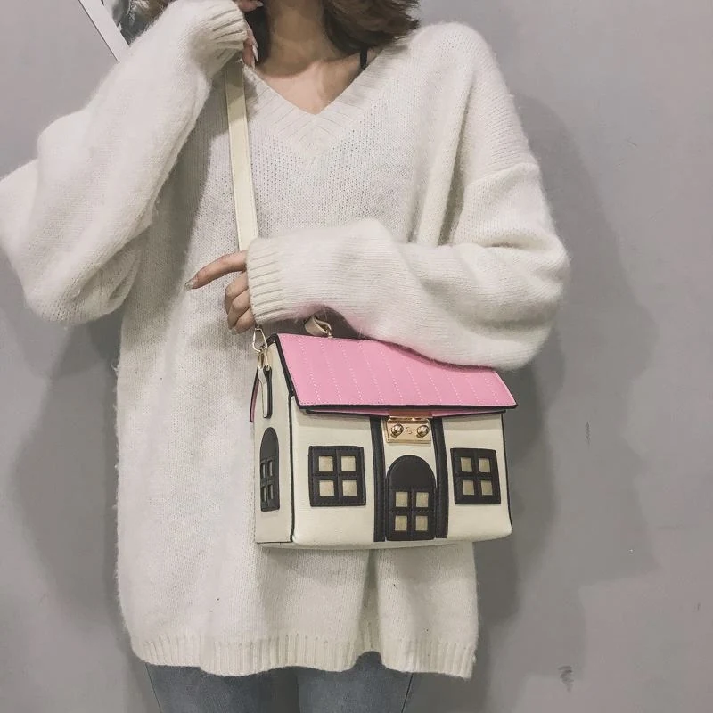 House-Shaped Mini Crossbody Bag with Pink Roof Detail product reference image