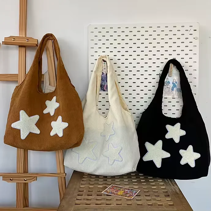 Star Pattern Corduroy Tote Bag with Magnetic Snap product reference image