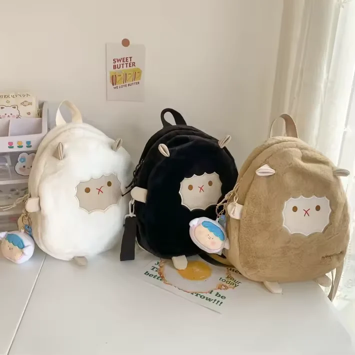 Cartoon Lamb Velour Backpack with Plush Character Detail product reference image