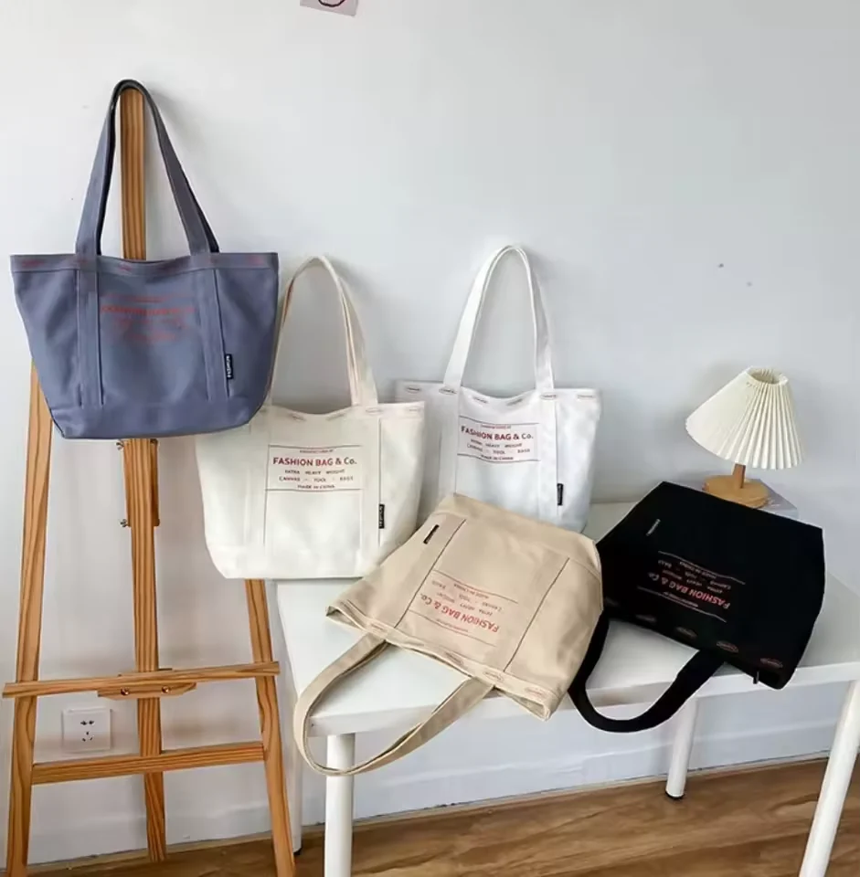 Letter-Print Canvas School Tote Bag with Zipper product reference image