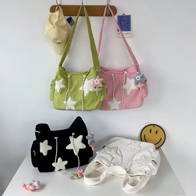 Corduroy-Style Shoulder Tote with Star Pendant and Side Pocket product reference image
