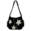 Corduroy-Style Shoulder Tote with Star Pendant and Side Pocket Black color SKU reference