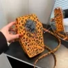 Phone-Style PU Crossbody Bag with Leopard Print & Lion-Head Accent Orange color SKU reference