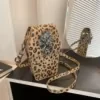 Phone-Style PU Crossbody Bag with Leopard Print & Lion-Head Accent Khaki color SKU reference