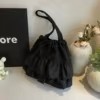 Embroidered Canvas Tote with Tulle Pleats and Drawstring Closure Black color SKU reference