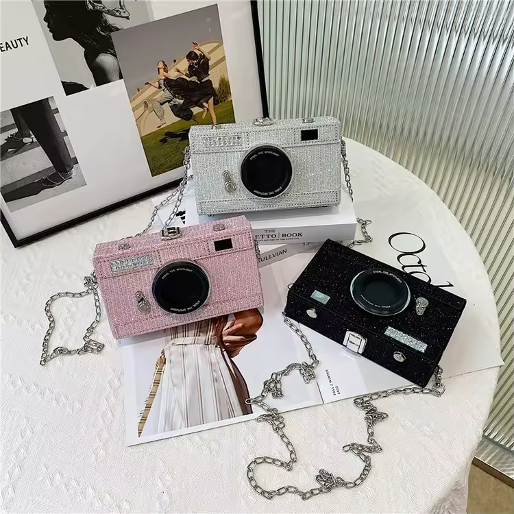 Sequin Camera-Box PU Crossbody Bag with Chain Strap product reference image