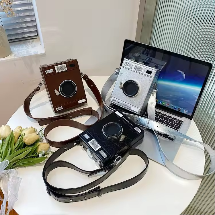 Camera-Box PU Crossbody Bag with Adjustable Detachable Strap product reference image