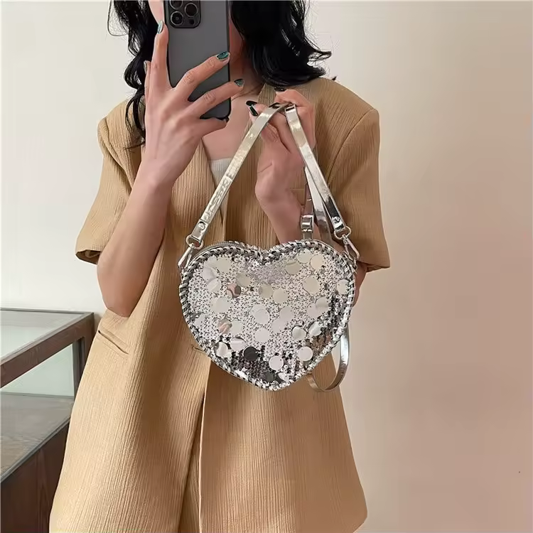 Sequined Heart-Shape PU Crossbody Bag with Removable Strap product reference image