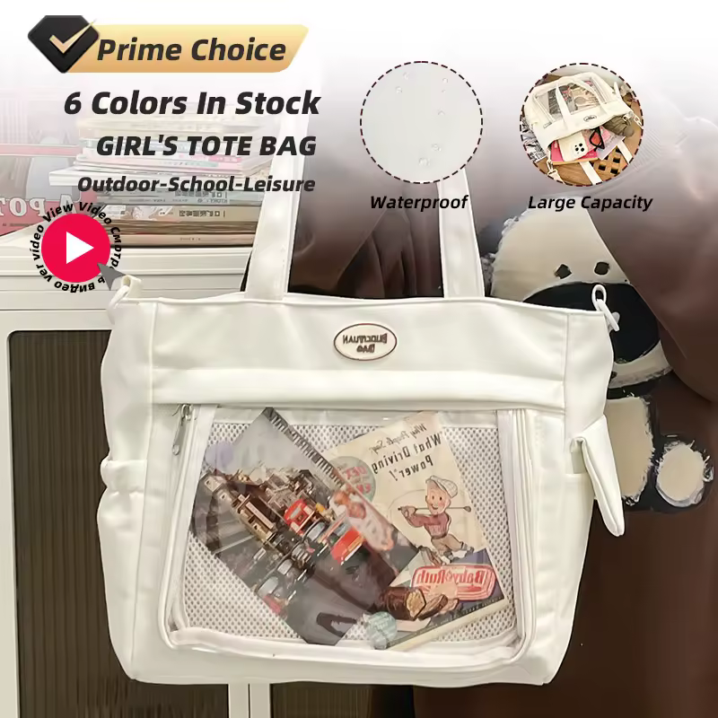 Nylon Tote with Transparent Front Pocket and Adjustable Strap product reference image