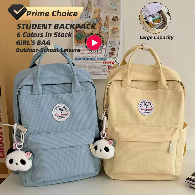 Plaid Nylon School Backpack with Anti-Theft Pocket product reference image