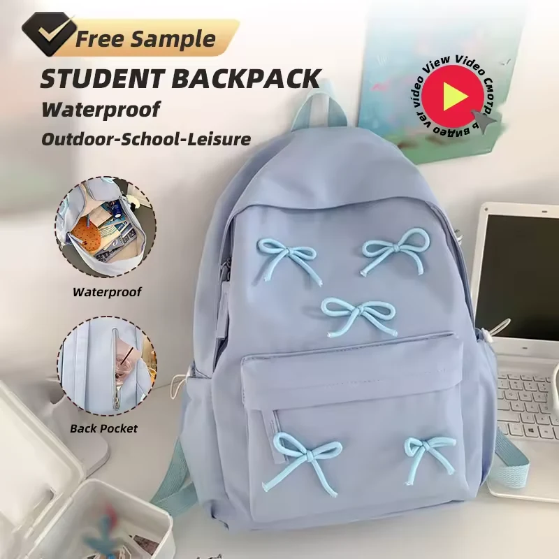 Nylon Student Backpack with Bow Details and Back Zip Pocket product reference image