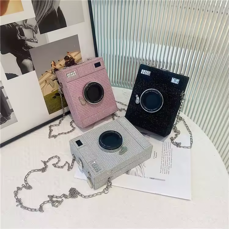 Sequin Camera-Box PU Crossbody Bag with Chain Strap product reference image