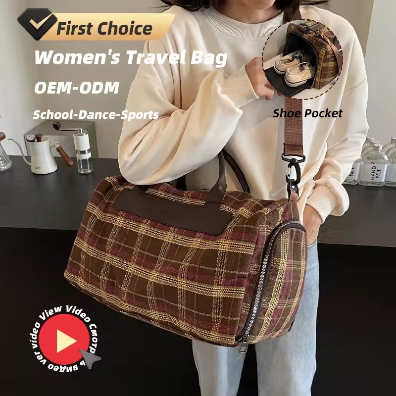 Plaid Cotton Travel Duffel with Shoe Pocket product reference image