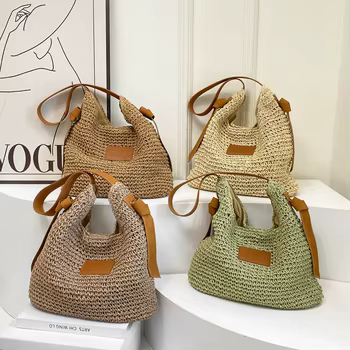 Four-Color Woven Straw Shoulder Tote product reference image