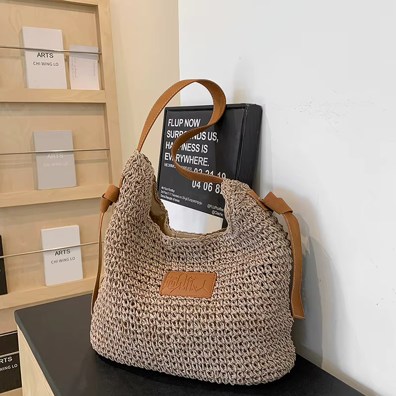 Four-Color Woven Straw Shoulder Tote Dark Khaki color SKU reference