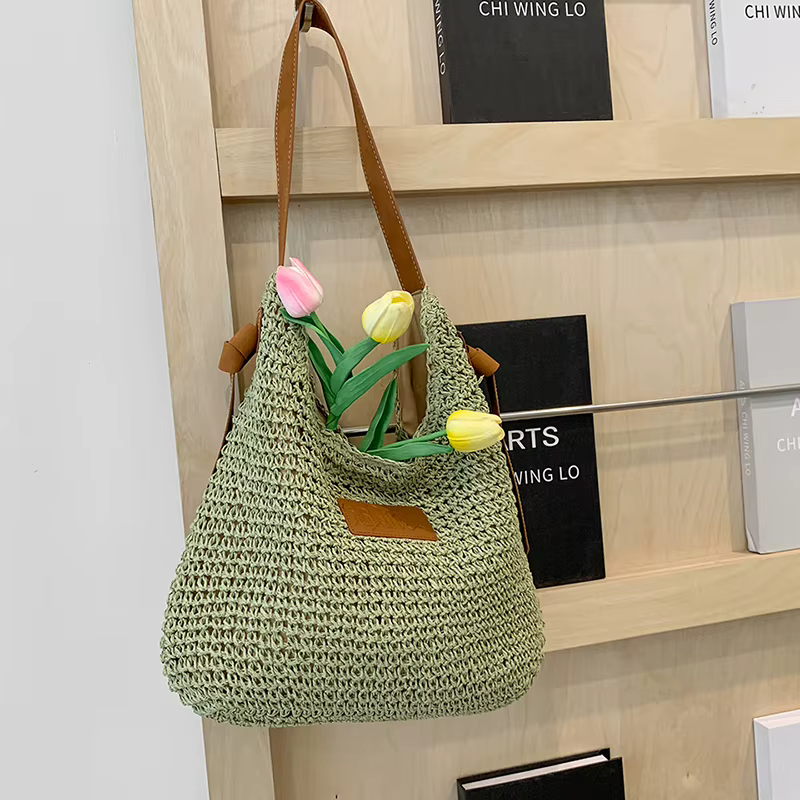 Four-Color Woven Straw Shoulder Tote Green color SKU reference