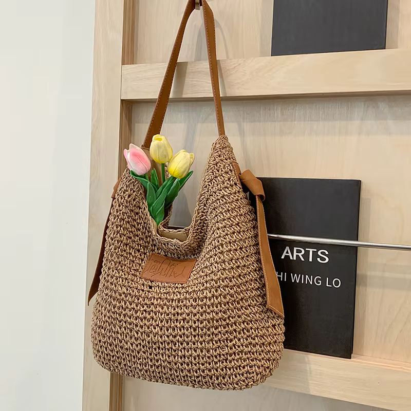 Four-Color Woven Straw Shoulder Tote Light khaki color SKU reference