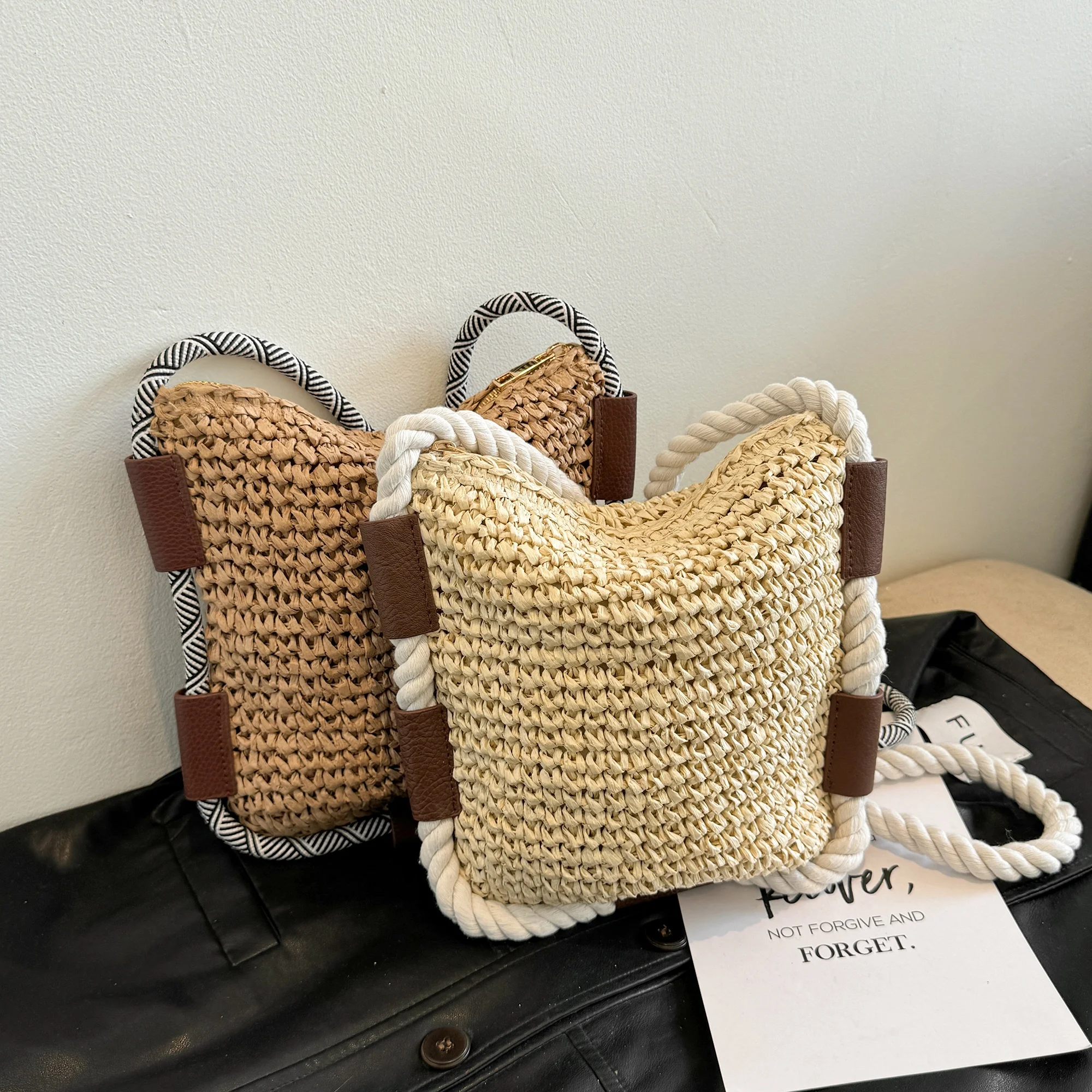 Woven Straw Crossbody Bag with Braided Rope Strap product reference image