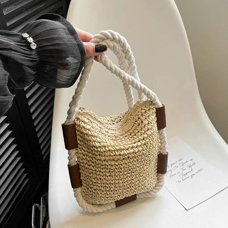 Woven Straw Crossbody Bag with Braided Rope Strap Beige color SKU reference