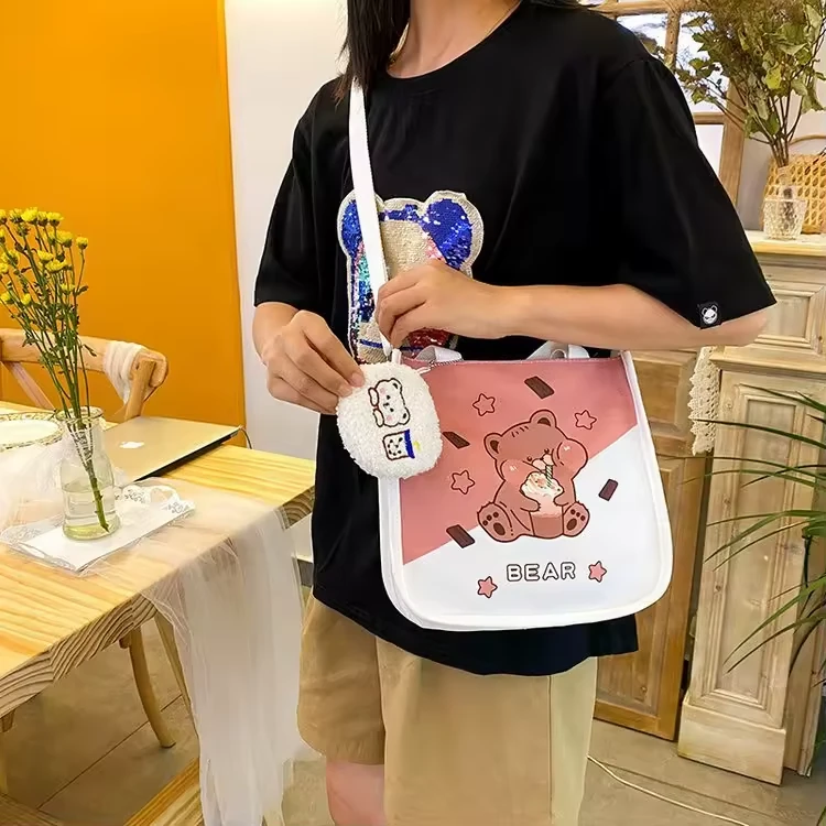 Bear-Print Canvas Tote with Plush Coin Purse Detail product reference image