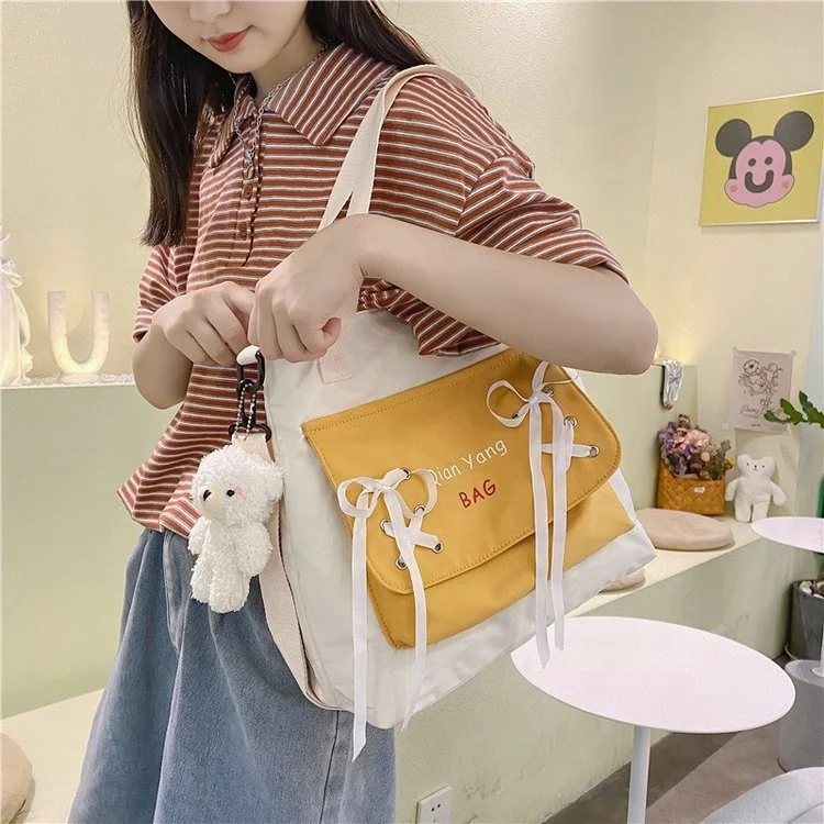 Two-Tone Canvas Tote Bag with Bow-Detail Pocket product reference image
